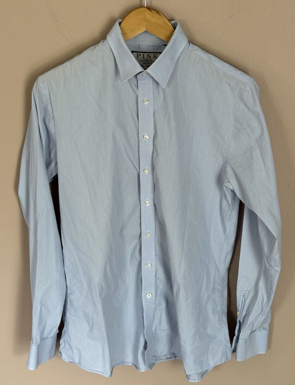 Thomas Pink Mens Long Sleeve Button Down Blue Fine Stripes Shirt Large (U1)
